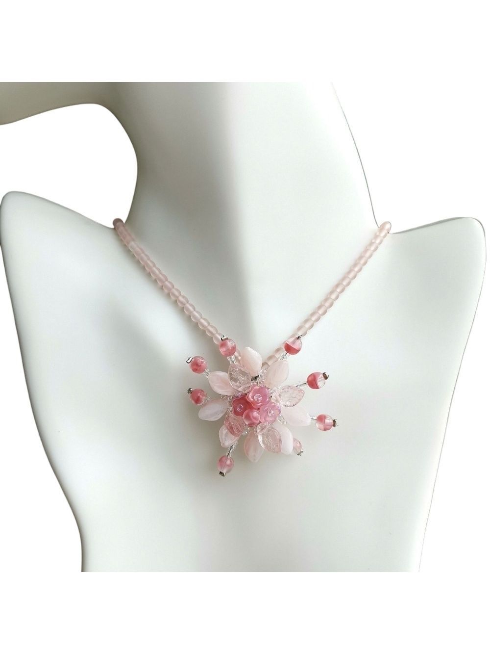 Vintage Czech pink flower necklace fire polished beads